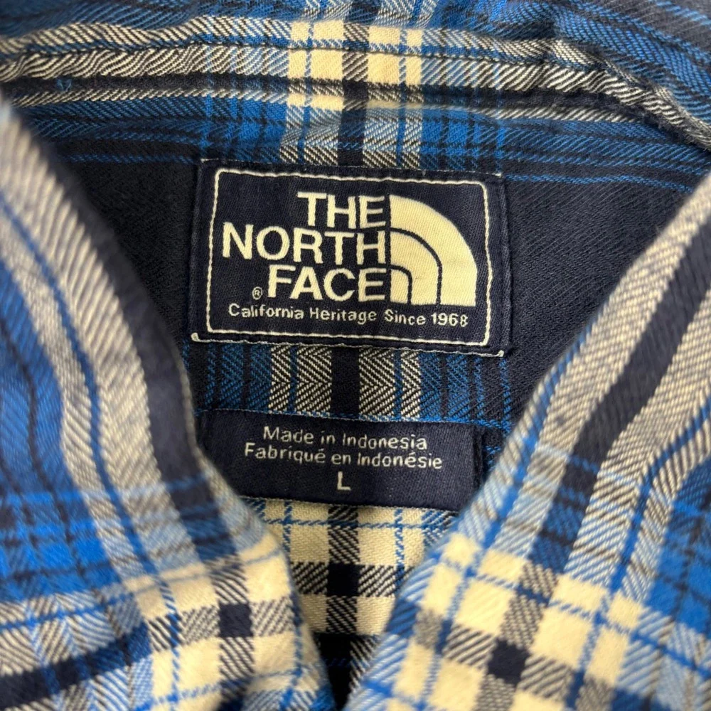 The North Face Mens L Blue Plaid Button Down Shirt Cotton Flannel Outdoor